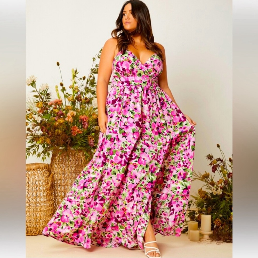 Pink Plus Allover Floral Print Criss-Cross Tie Backless Cami Dress | Size 2X